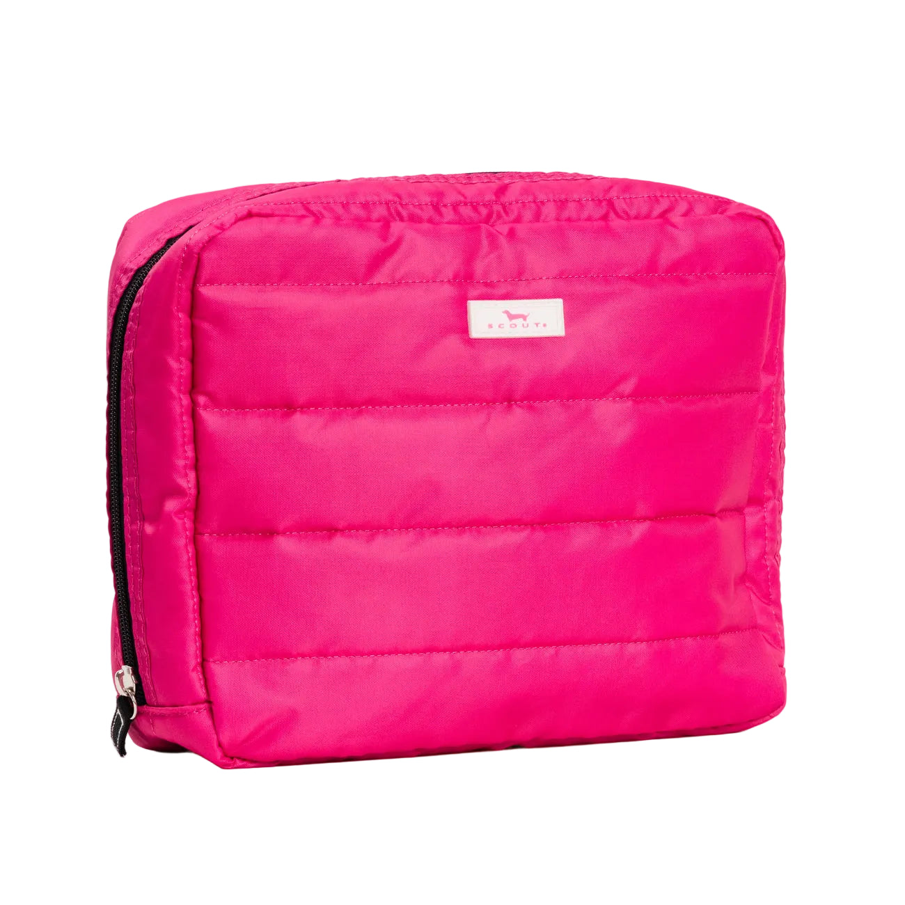 Pink quilted Scout bag with a visible brand label on a white background. Available at Be Charmed