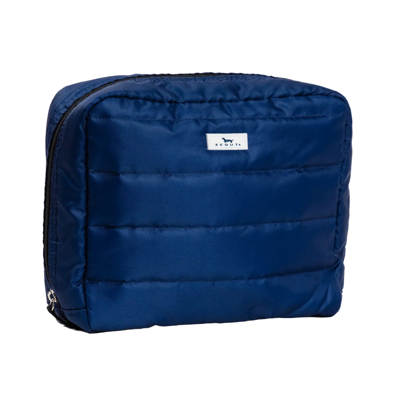 Navy Puffer Scout All Inclusive Travel Organizer – lightweight quilted toiletry bag with multiple compartments and zipper closures. Folds flat for easy packing. Available at Be Charmed.