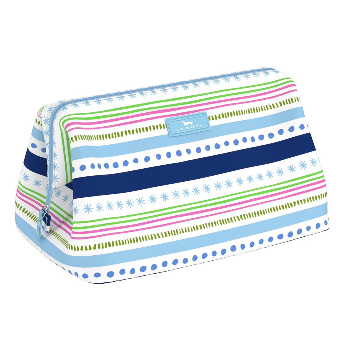 Scout All the Trimmings Big Mouth makeup bag with wire‑frame wide opening & pockets – available at Be Charmed