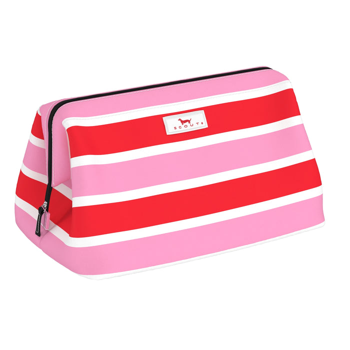 Scout Candy Striper Big Mouth makeup bag with wire‑frame wide opening & pockets – available at Be Charmed