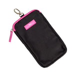 Black phone pouch with pink zipper and logo on a white background. Available at Be Charmed