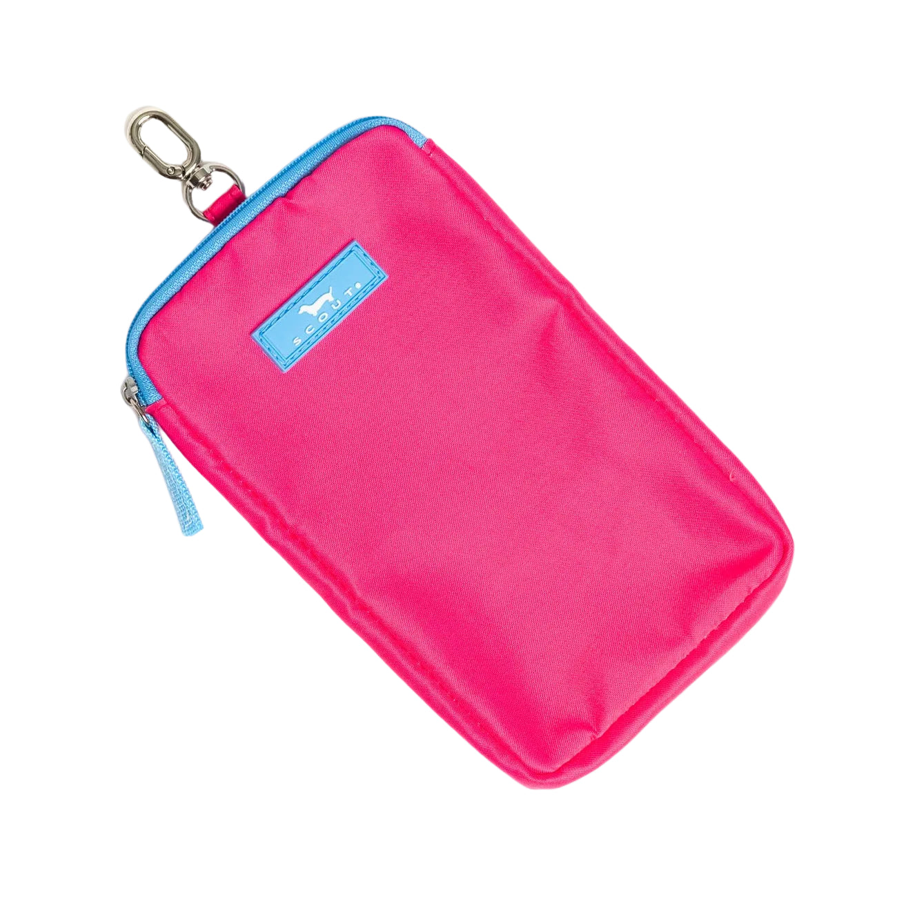 Pink phione pouch with blue zipper and tag on a white background. Available at Be Charmed