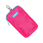 Pink phione pouch with blue zipper and tag on a white background. Available at Be Charmed