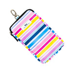 Colorful striped phone pouch with a brand logo on a white background. Available at Be Charmed