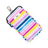 Colorful striped phone pouch with a brand logo on a white background. Available at Be Charmed