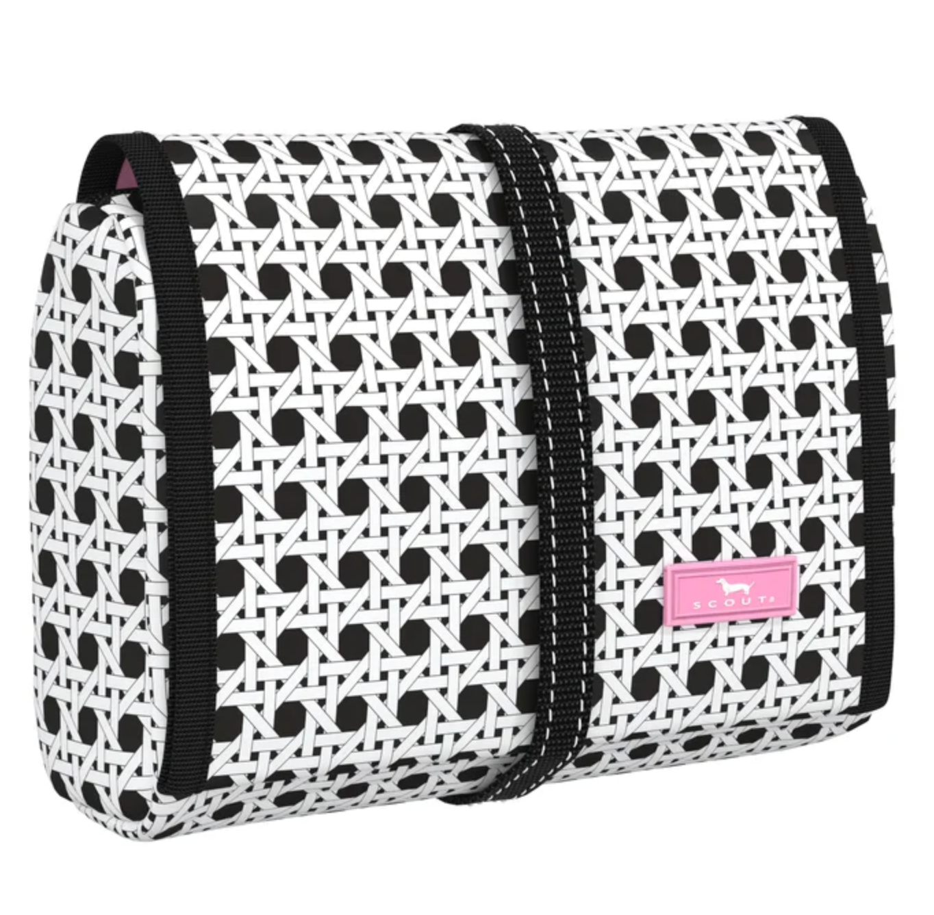 Cane Fonda patterned Scout Beauty Burrito toiletry bag hanging open to reveal clear organized compartments and a sturdy hook. Available at Be Charmed.