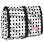Cane Fonda patterned Scout Beauty Burrito toiletry bag hanging open to reveal clear organized compartments and a sturdy hook. Available at Be Charmed.