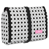 Cane Fonda patterned Scout Beauty Burrito toiletry bag hanging open to reveal clear organized compartments and a sturdy hook. Available at Be Charmed.