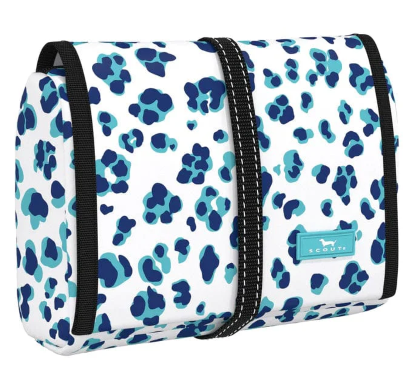 A rolled-up cosmetic or toiletry bag with a leopard print pattern on a white background, featuring a black zipper and an adjustable strap. Available at Be Charmed