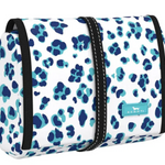 A rolled-up cosmetic or toiletry bag with a leopard print pattern on a white background, featuring a black zipper and an adjustable strap. Available at Be Charmed