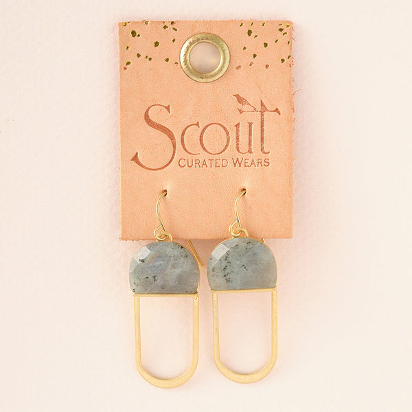 Scout Curated Wears Amazonite/Gold Modern Stone Chandelier Earrings with natural stones and gold accents shown on card, available at Be Charmed.