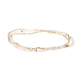 A delicate piece of jewelry featuring faceted gemstones and tiny geometric metal beads, capable of being wrapped as a bracelet or worn as a necklace. Available at Be Charmed