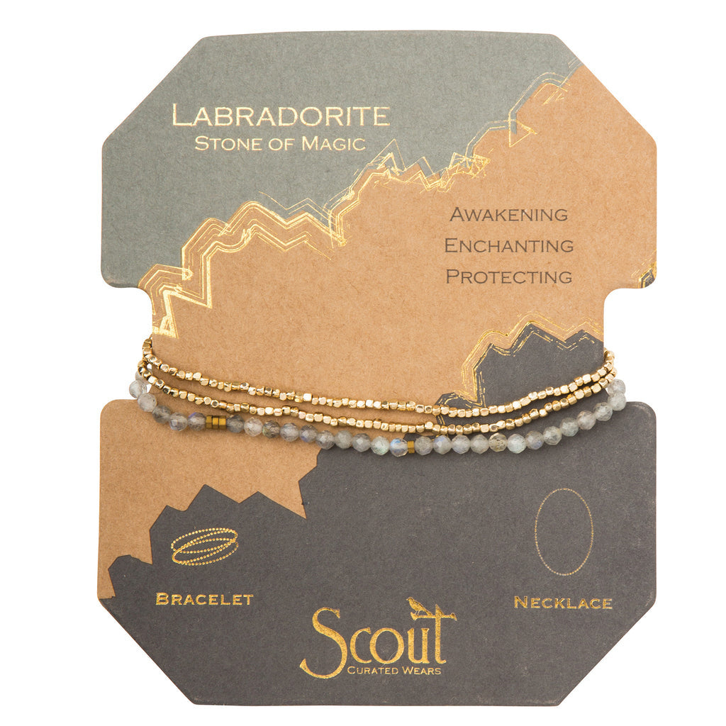 Displayed on card Delicate Labradorite Stone jewelry by Scout Curated Wears. Enhances intuition, magic, and transformation. Elegant, lightweight design. Available at Be Charmed.
