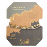 Displayed on card Delicate Labradorite Stone jewelry by Scout Curated Wears. Enhances intuition, magic, and transformation. Elegant, lightweight design. Available at Be Charmed.