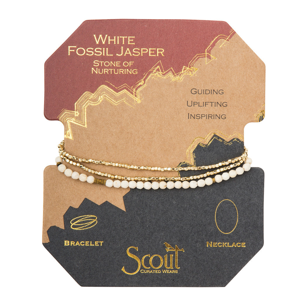 Displayed on Card Delicate Stone Bracelet in White Fossil by Scout Curated Wears. Known as the Stone of Nurturing. Lightweight, calming, and stackable. Available at Be Charmed.
