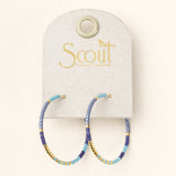 Chromacolor Miyuki Small Hoop Cobalt Multi/Gold. A pair of cobalt blue and gold colored hoop earrings displayed on a card with 'Scout Curated Wears' branding.