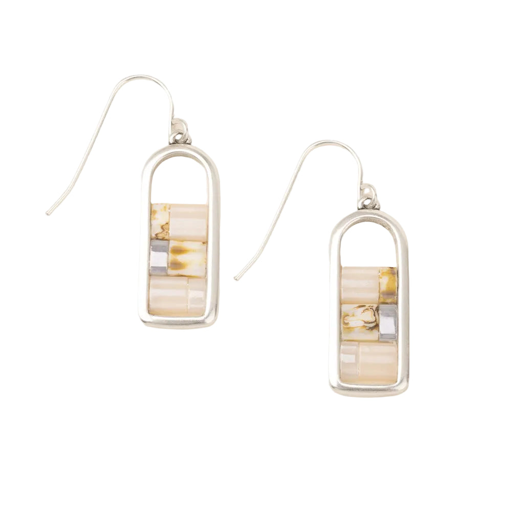 Pair of silver earrings with rectangular stone inlays on a white background. Available at Be Charmed