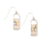 Pair of silver earrings with rectangular stone inlays on a white background. Available at Be Charmed