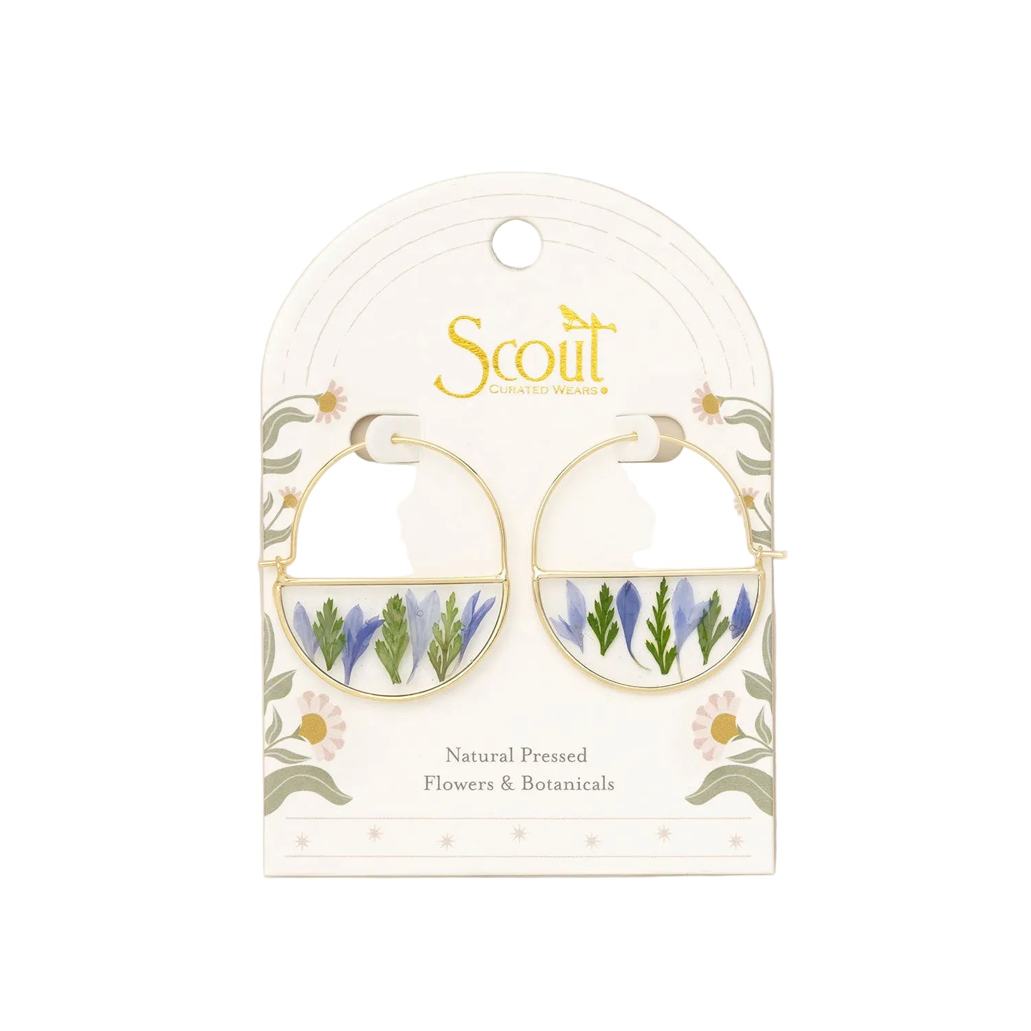 Earring packaging with 'Scout' branding and purpled floral design on a beige background. Available at Be Charmed