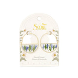 Earring packaging with 'Scout' branding and purpled floral design on a beige background. Available at Be Charmed