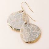 Scout Curated Wears Earrings Stone Dipped Teardrop Fossil Coral/Gold; A pair of round teardrop earrings with a stone pattern in white and gold colors, attached to small gold-dipped wires. Available at Be Charmed