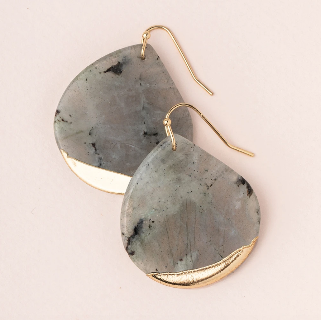 Stone Dipped Teardrop Earrings in Labradorite/Gold by Scout Curated Wears. Shimmering gemstone with gold-dipped finish. Lightweight. Available at Be Charmed.