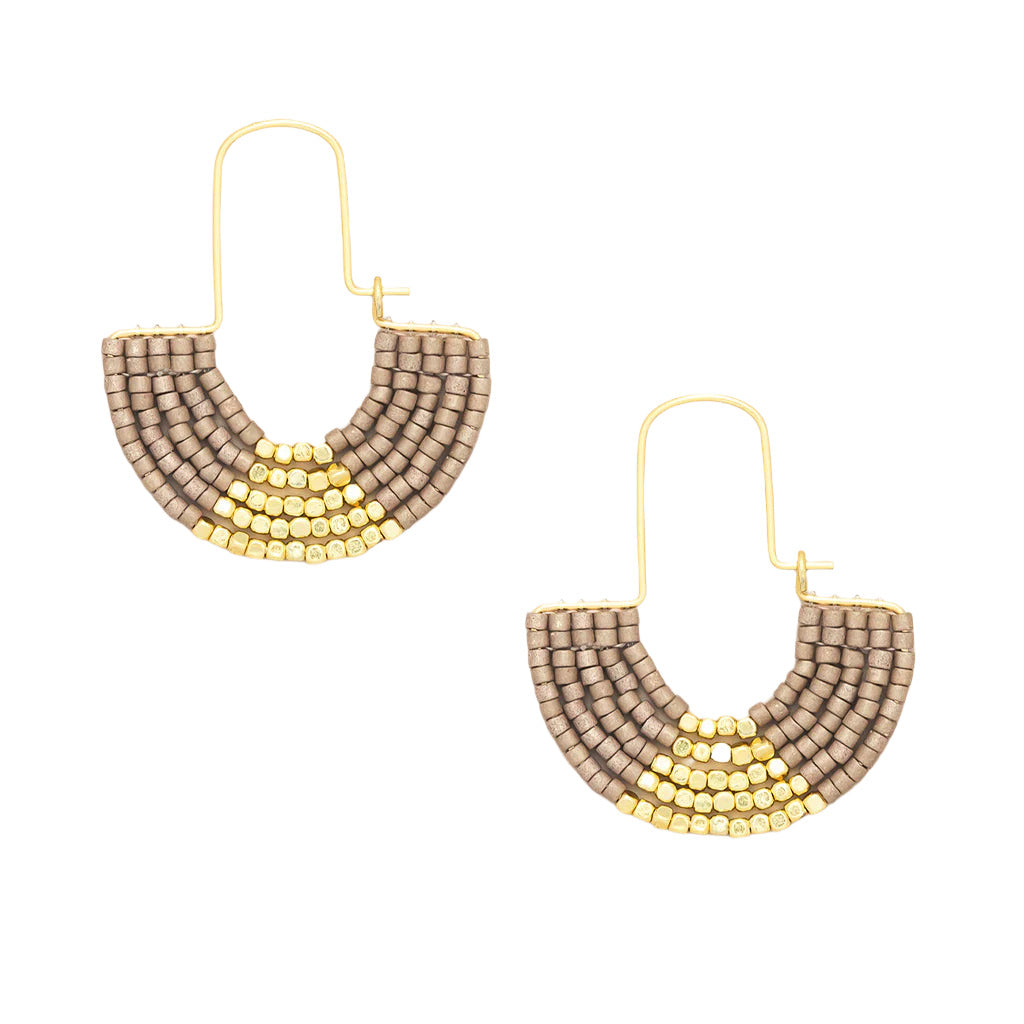  Pewter Gold Chromacolor Miyuki U-Hoop Earrings by Curated Wears featuring hand-beaded, multicolor Miyuki glass beads in a modern U-shape. Available at Be Charmed.