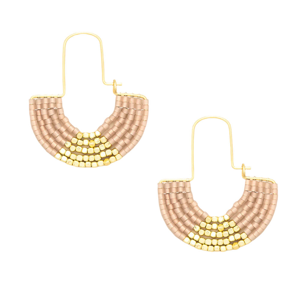 Rose Gold Chromacolor Miyuki U-Hoop Earrings by Curated Wears featuring hand-beaded, multicolor Miyuki glass beads in a modern U-shape. Available at Be Charmed.