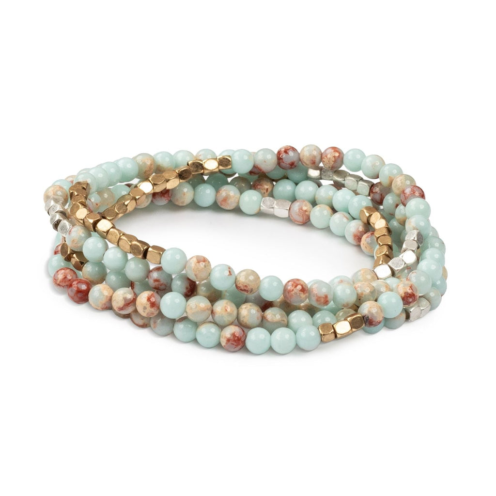 Agalmatolite/Silver/Gold Stone of Creativity
Scout Curated Wears Stone Wrap – versatile beaded strand worn as wrap bracelet or necklace with natural stones, available at Be Charmed.