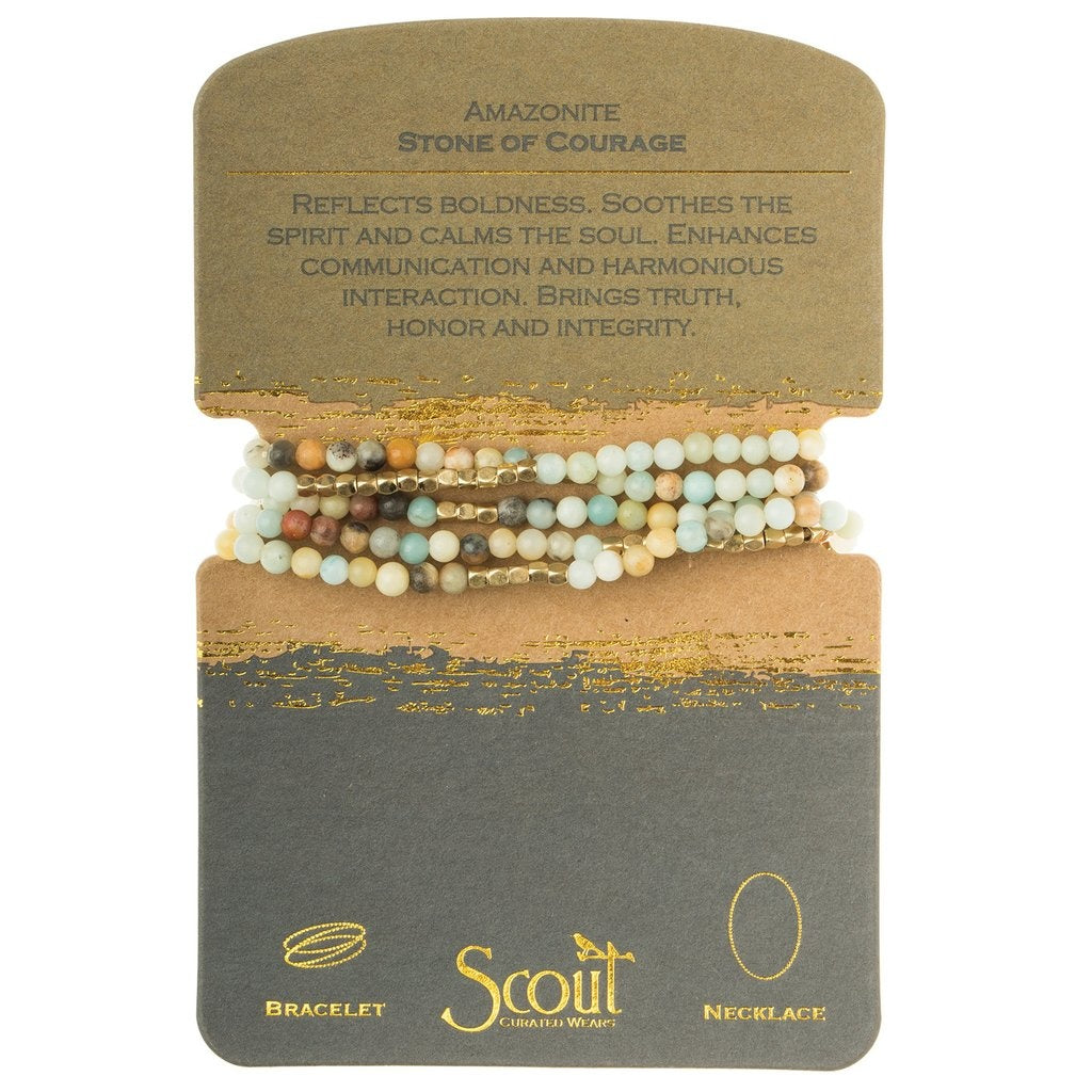 Displayed on card Stone Wrap Bracelet/Necklace in Amazonite by Scout Curated Wears. Amazonite inspires courage and calm confidence. Lightweight and stylish. Available at Be Charmed.