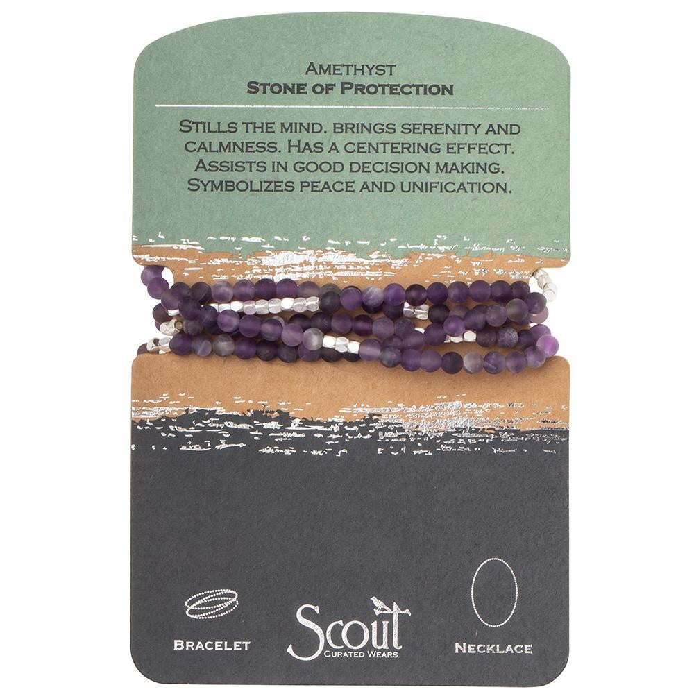 Displayed on card Stone Wrap Bracelet/Necklace in Amethyst by Scout Curated Wears. Amethyst offers protection and spiritual calm. Versatile and gift-ready. Available at Be Charmed.