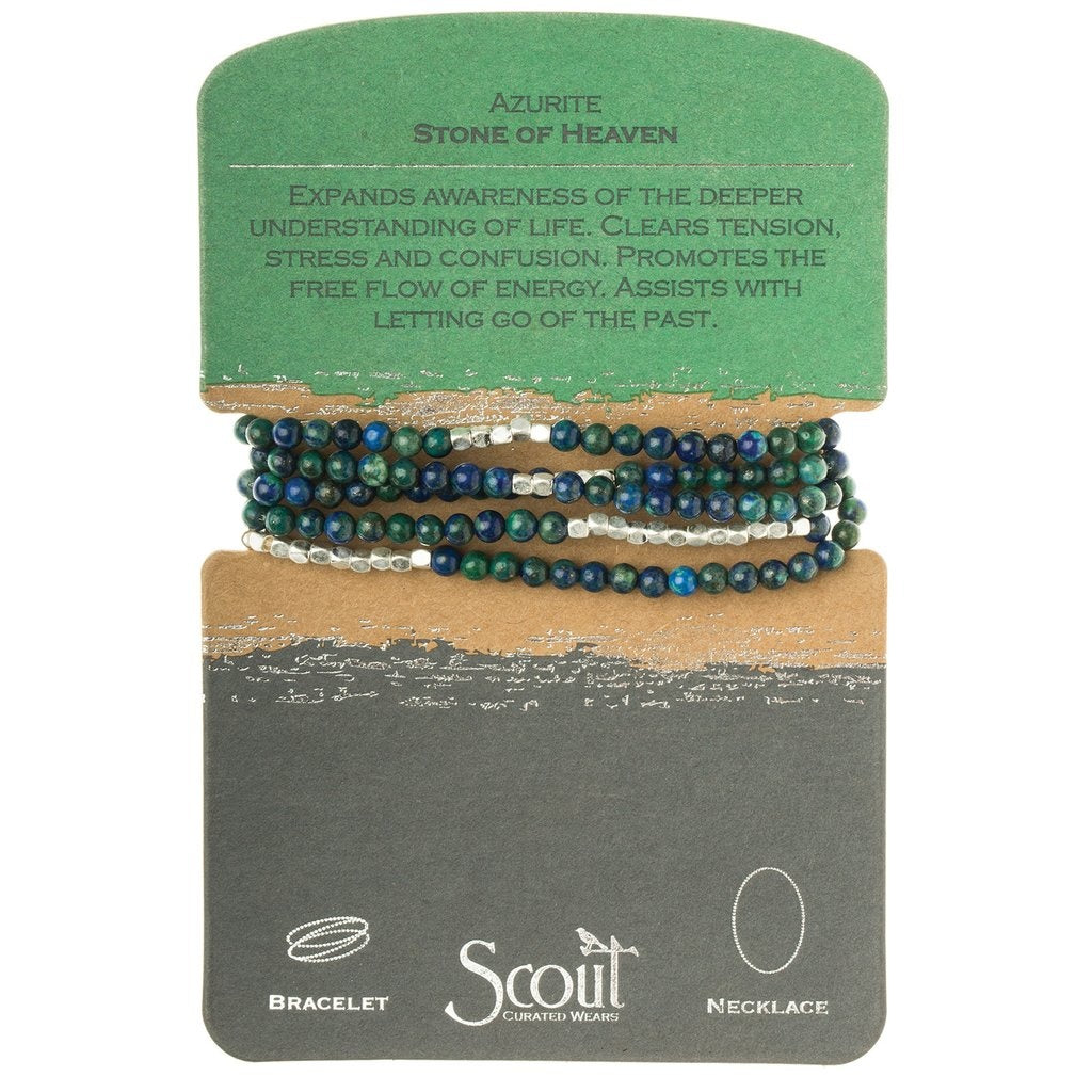 Displayed on Card Stone Wrap Bracelet/Necklace in Azurite by Scout Curated Wears. Azurite opens intuition and spiritual insight. Lightweight, elegant. Available at Be Charmed.
