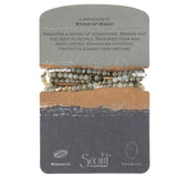 Displayed on card Stone Wrap Bracelet/Necklace in Labradorite by Scout Curated Wears. Labradorite promotes magic, intuition, and transformation. Available at Be Charmed.