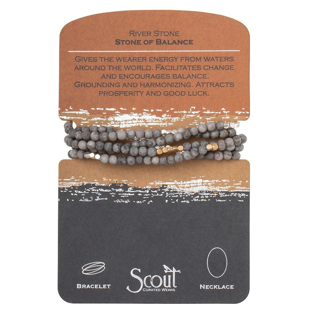 Displayed on Card Stone Wrap Bracelet/Necklace in River Stone by Scout Curated Wears. Promotes grounding and balance. Versatile, lightweight design. Available at Be Charmed.