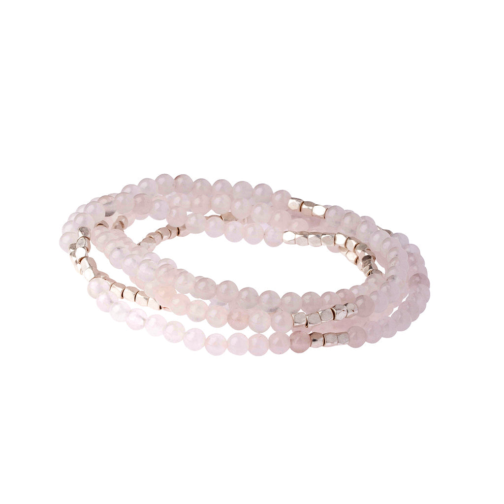 Rose Quartz Stone of the Heart Alt Text:
Scout Curated Wears Stone Wrap – versatile beaded strand worn as wrap bracelet or necklace with natural stones, available at Be Charmed.