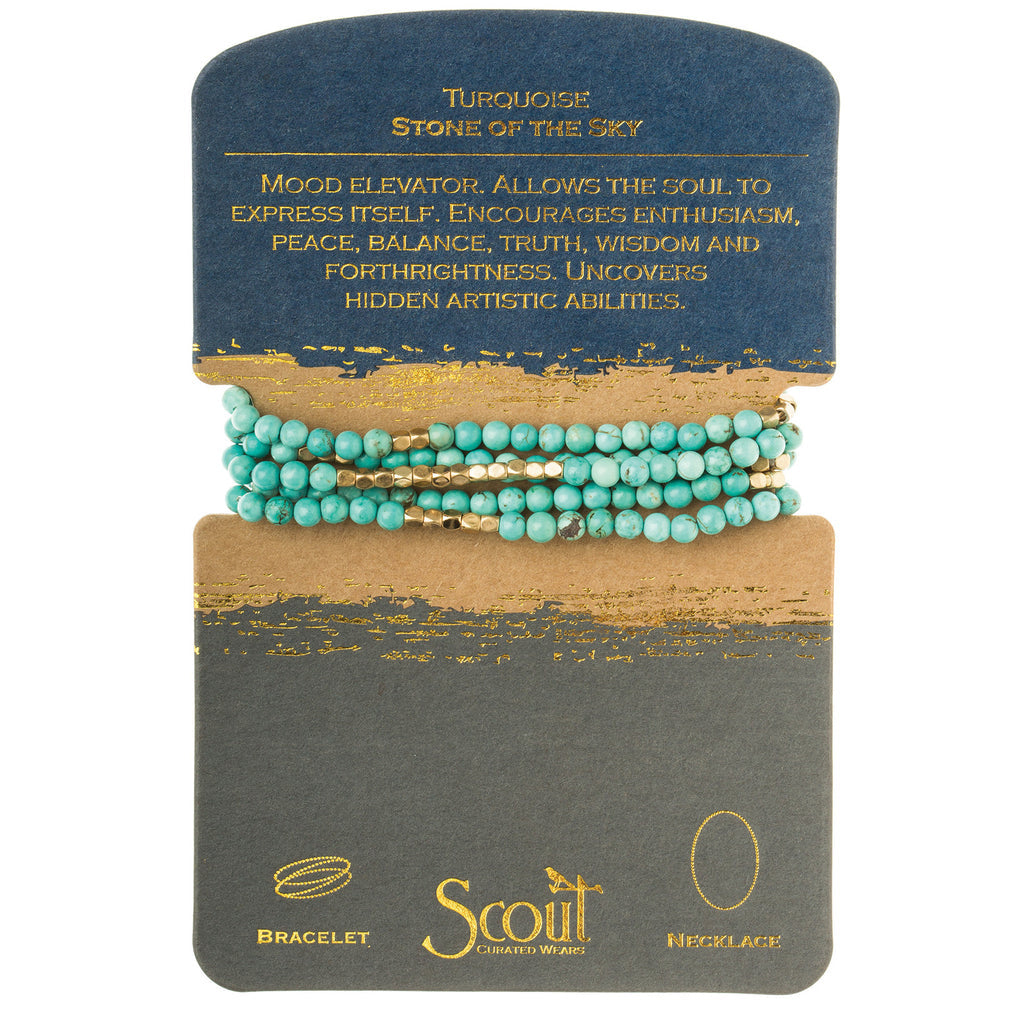 Displayed on Card Stone Wrap Bracelet/Necklace in Turquoise/Gold by Scout Curated Wears. Stone of the Sky promotes wisdom and truth. Lightweight. Available at Be Charmed.