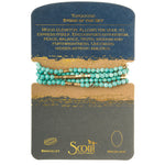 Displayed on Card Stone Wrap Bracelet/Necklace in Turquoise/Gold by Scout Curated Wears. Stone of the Sky promotes wisdom and truth. Lightweight. Available at Be Charmed.