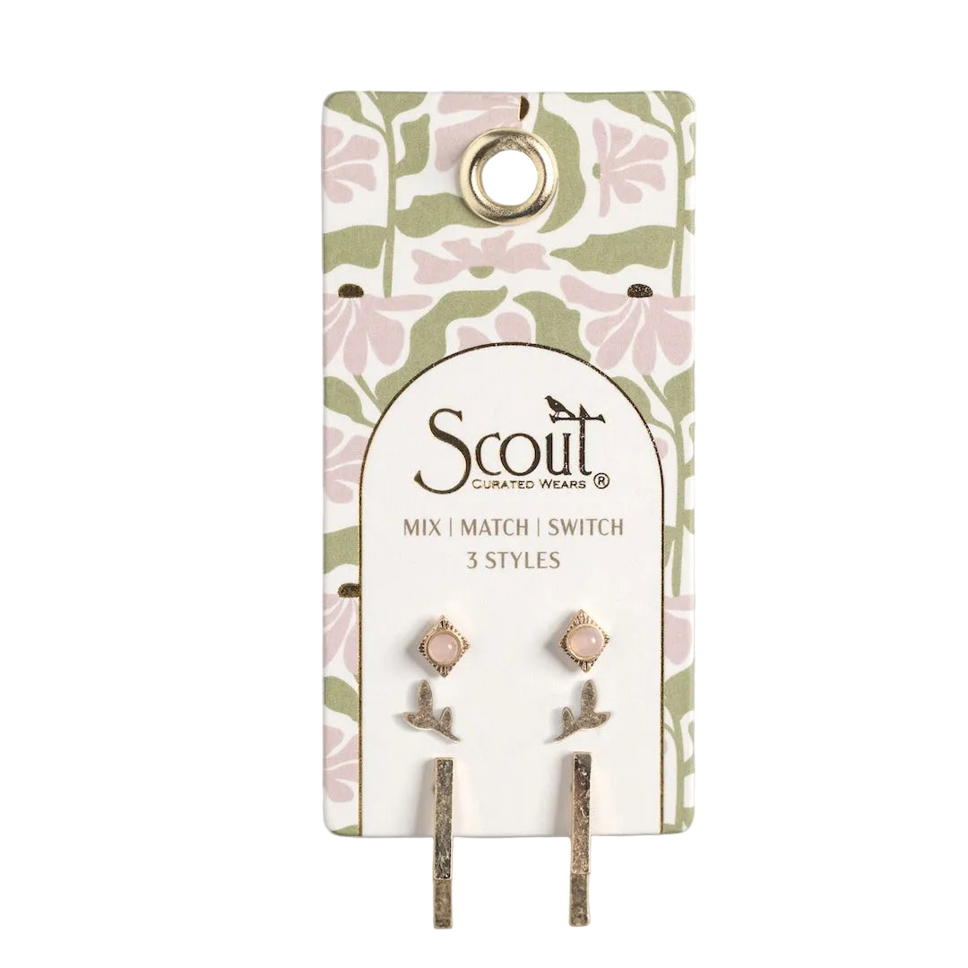 Pair of earrings on a Scout branded card with floral design. Available at Be Charmed