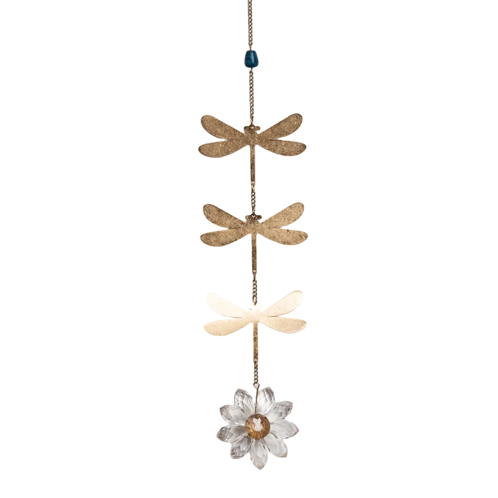 Decorative hanging suncatcher with gold dragonfly shapes and a clear flower on a light gray background. Available at Be Charmed