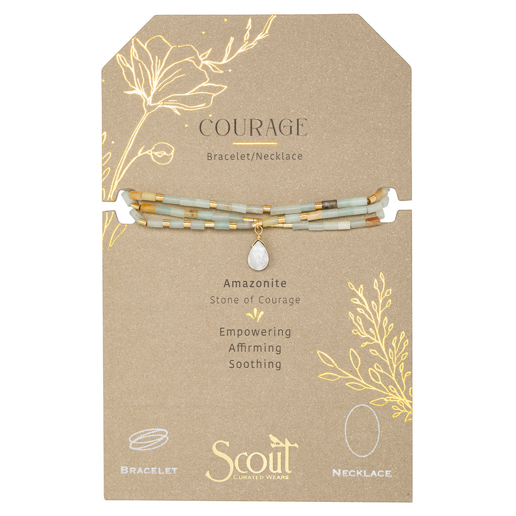 Displayed on card Teardrop Stone Wrap in Amazonite, Howlite & Gold by Scout Curated Wears. Promotes calm and courage. Versatile and lightweight. Available at Be Charmed.