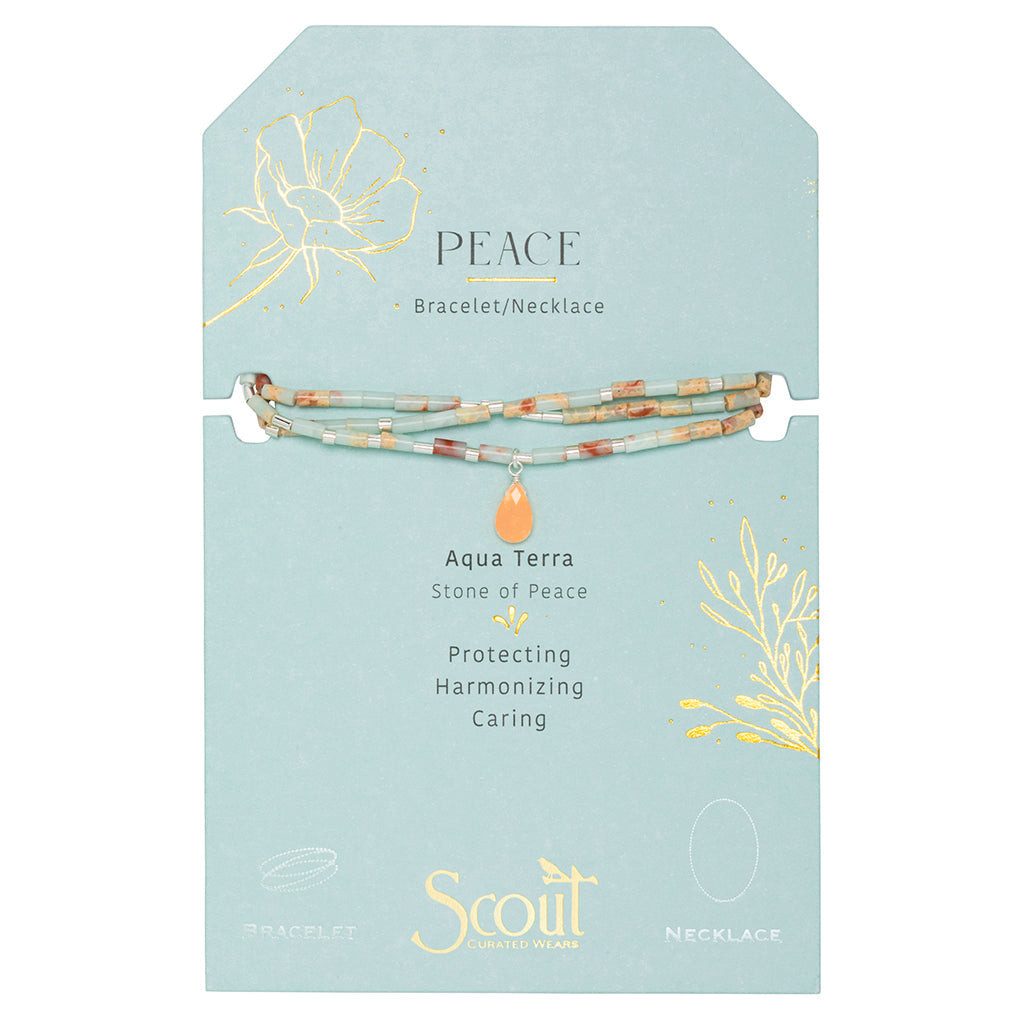 Displayed on card Teardrop Stone Wrap in Aqua Terra, Sunstone & Silver by Scout Curated Wears. Inspires peace and calm. Versatile design. Available at Be Charmed.