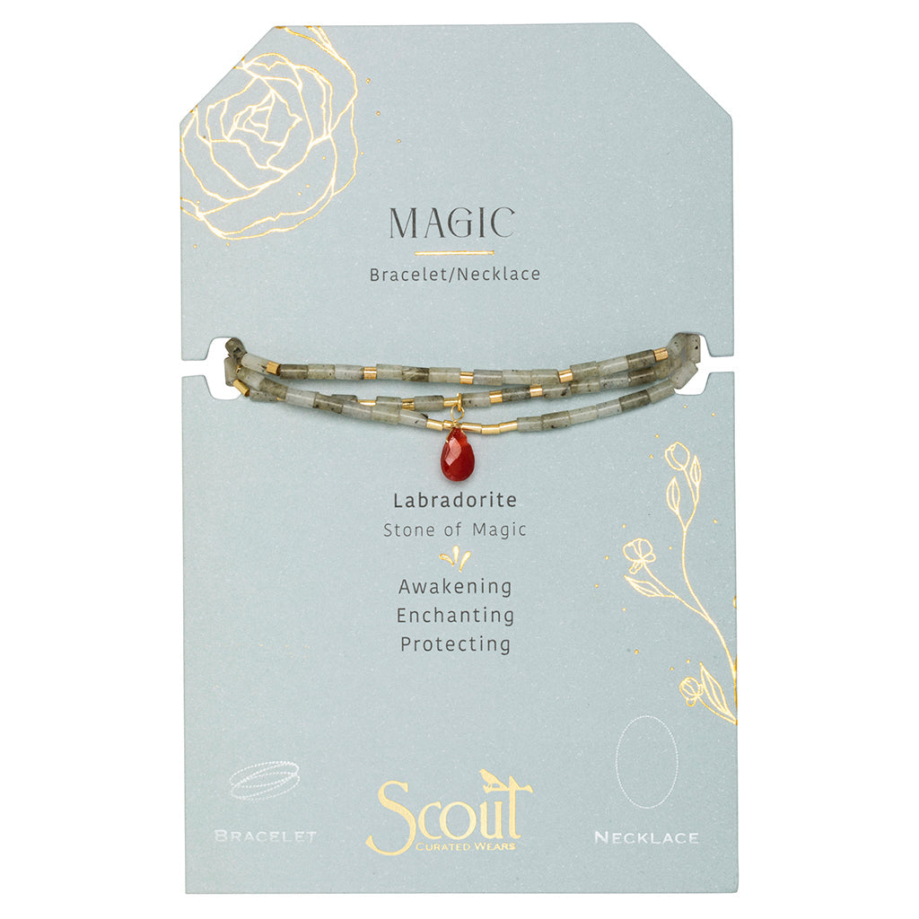 Displayed on card Teardrop Stone Wrap in Labradorite, Fuchsia & Gold by Scout Curated Wears. Enhances intuition, magic & transformation. Available at Be Charmed.