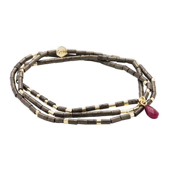 Teardrop Stone Wrap in Pyrite, Fuchsia & Gold by Scout Curated Wears. Adds sparkle and vibrant energy. Wear as necklace or bracelet. Available at Be Charmed.