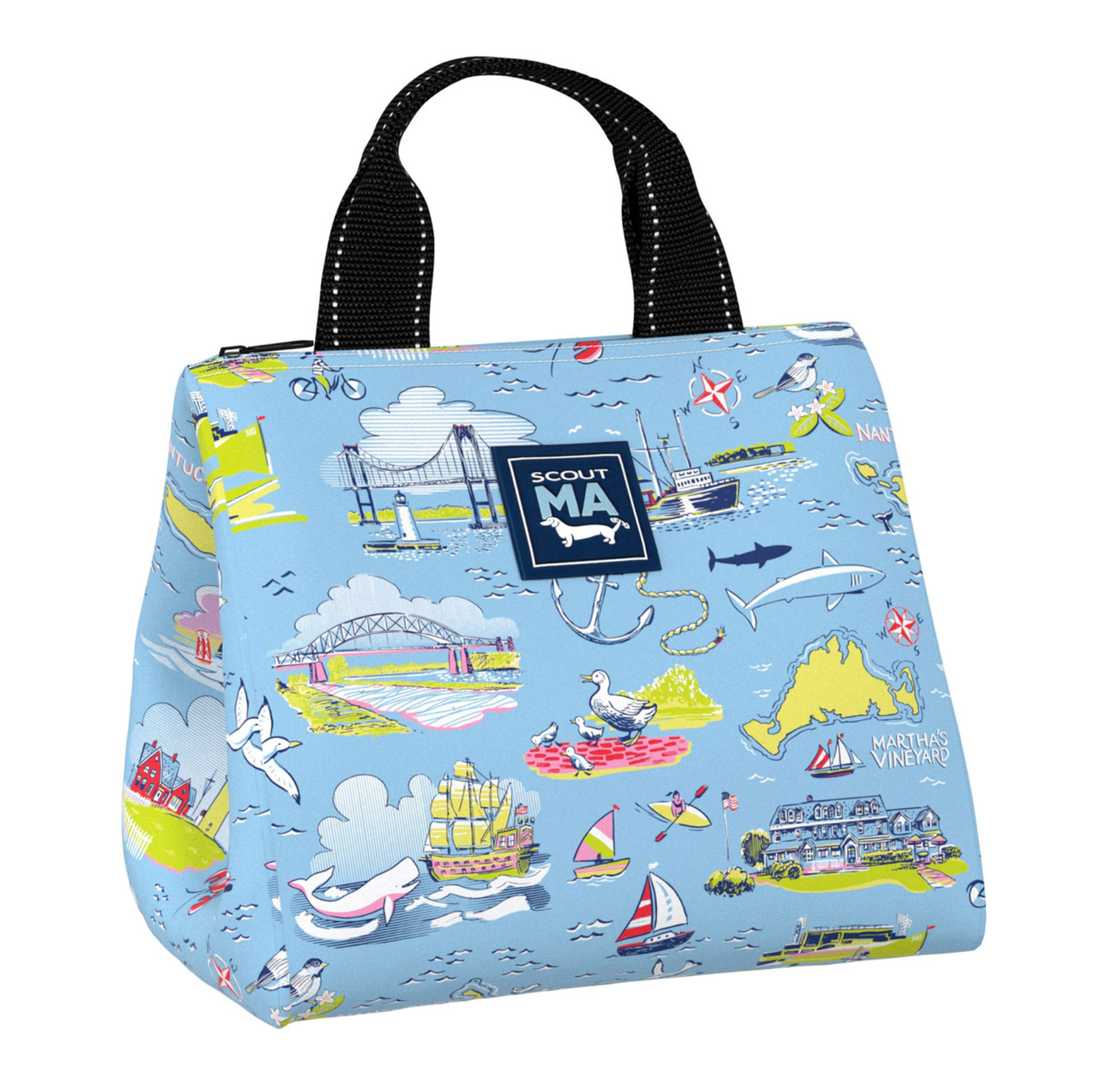 Massachusetts SCOUT Eloise Lunch Tote – quilted insulated lunch bag 10.25″W × 10″H × 7.25″D, holds up to 10 lb, foam‑lined interior, exterior Velcro pocket, wipes clean. Available at Be Charmed 