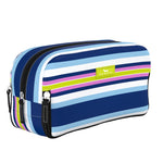 Fall in Line SCOUT 3‑Way Bag – 10.75″ W × 5.5″ H × 4″ D coated cotton travel organizer with three zip compartments, stands upright, water‑resistant, wipes clean. Available at Be Charmed