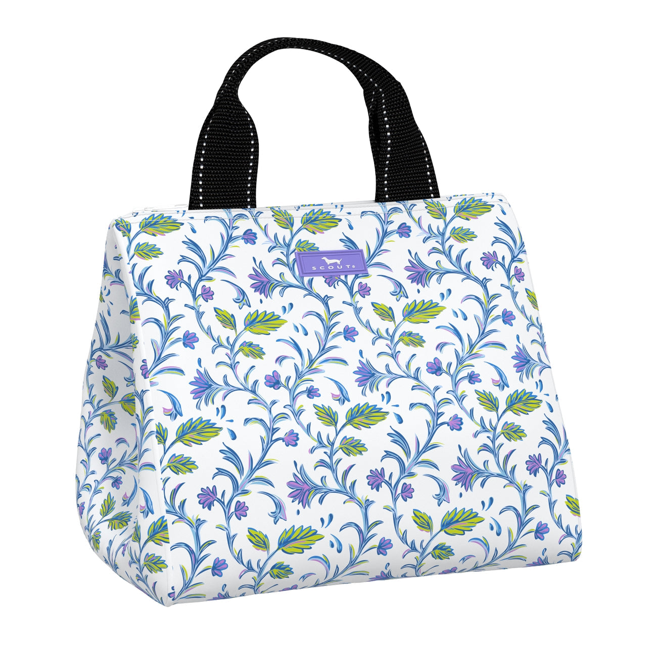 Flora Faucet SCOUT Eloise Lunch Tote – quilted insulated lunch bag 10.25″W × 10″H × 7.25″D, holds up to 10 lb, foam‑lined interior, exterior Velcro pocket, wipes clean. Available at Be Charmed 