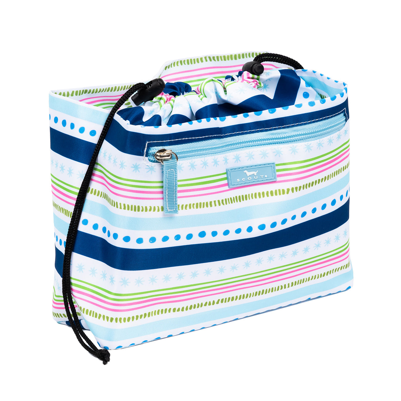 Scout All the Trimmings Glam Squad makeup bag with drawstring top and multiple exterior pockets – available at Be Charmed