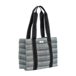 Black and white patterned tote bag with black straps on a white background. Available at Be Charmed