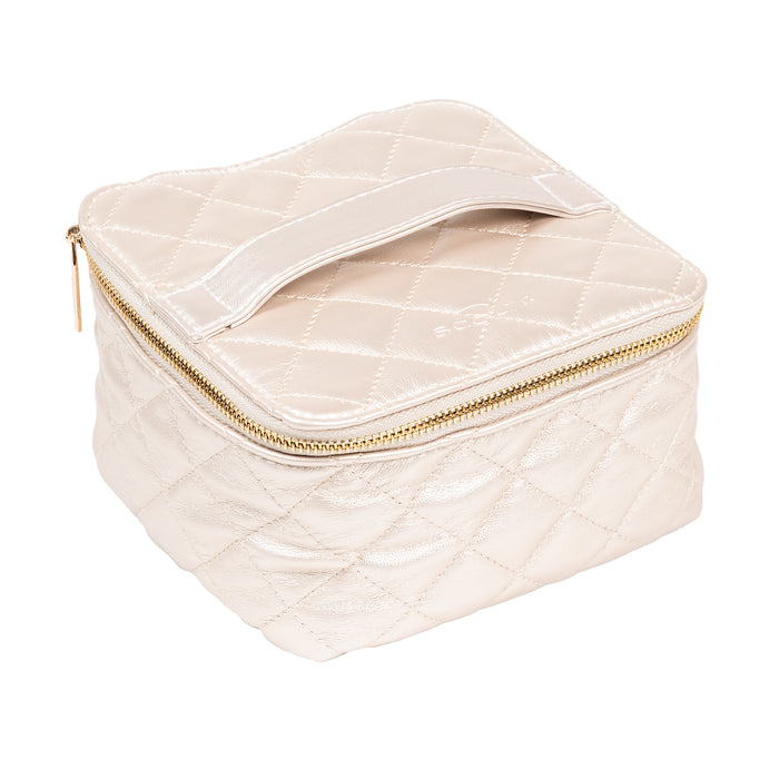 Scout Champagne Quilted Hidden Gem jewelry case with drawstring pouches, clear lid & upright design – available at Be Charmed