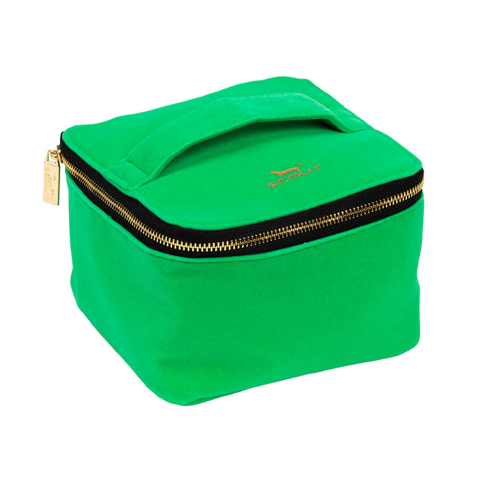 Scout Green Velvet Hidden Gem jewelry case with drawstring pouches, clear lid & upright design – available at Be Charmed